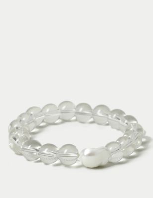 M&S Womens Clear Resin and Pearl Ball Stretch Bracelet, Clear