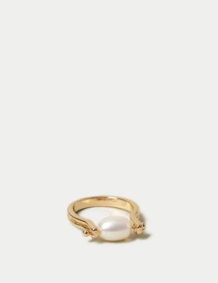 M&S Women's Silver Plated Freshwater Pearl Ring - M-L, Silver