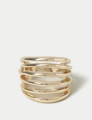 M&S Womens Gold Tone Multi Row Ring - S-M, Gold