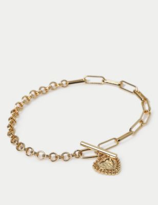 M&S Women's 14ct Gold Plated Heart charm bracelet, Gold