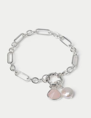 M&S Womens Silver Plated Pearl & Rose Quartz Bracelet, Silver