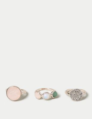 M&S Womens 3 Pack Precious Stone Stacking Rings - M-L - Gold, Gold