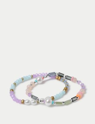 M&S Womens 2 Pack Silver Tone Beaded Bracelets - Multi, Multi