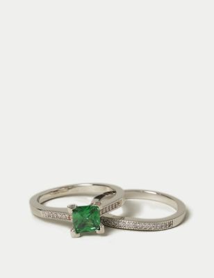 M&S Womens Platinum 2 Pack Emerald Cubic Zirconia Rings - M-L - Silver, Silver