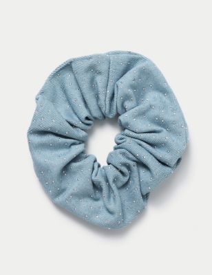 M&S Womens Jewelled Denim Scrunchie - Blue, Blue