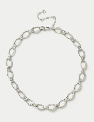 M&S Womens Silver Tone Beaten Link Chain Necklace, Silver