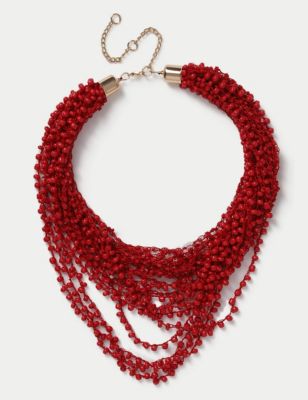 M&S Womens Red Long Multirow Beaded Necklace, Red