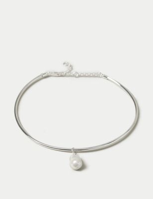 M&S Womens Silver Tone Pearl Torque Necklace, Silver