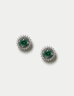 M&S Women's Platinum Green Stud Earrings - Silver, Silver