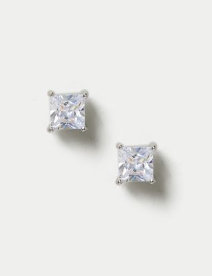 M&S Womens Platinum Square Stud Earrings - Silver, Silver