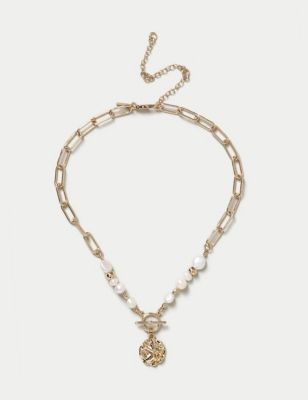 M&S Womens Autograph Gold Tone Pearl T-bar Necklace, Gold
