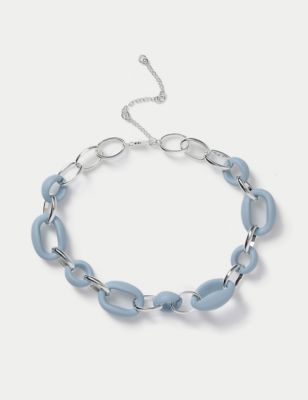M&S Women's Silver Tone Blue Matte Chain Necklace, Silver