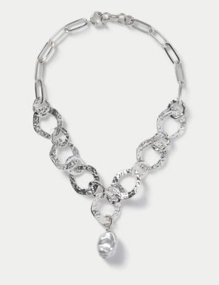 M&S Womens Silver tone Pearl Hammered Link Necklace, Silver