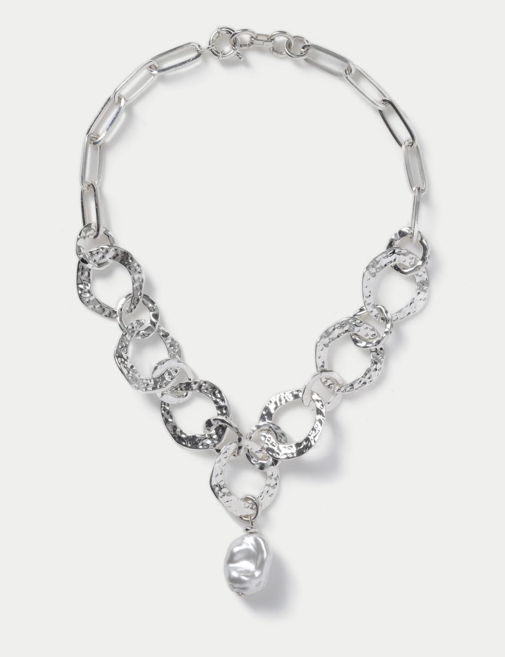 Silver tone Pearl Hammered Link Necklace