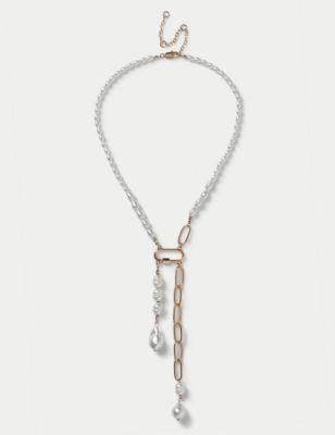 M&S Women's Pearl Long Y Necklace - White, White