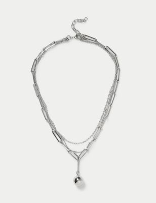 M&S Women's Silver Tone Ball Chain Multi Row Necklace, Silver