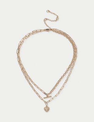 M&S Women's Gold Tone Heart T-bar Multi Row Necklace, Gold