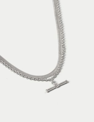 M&S Womens Silver Tone Snake Chain Multi Row T-Bar Necklace, Silver