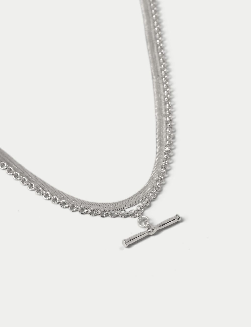 Silver Tone Snake Chain Multi Row T-Bar Necklace