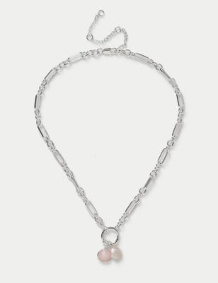 M&S Women's Silver Plated Pearl and Rose Quartz Necklace, Silver