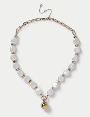 M&S Women's Gold Tone Pearl Necklace - White, White