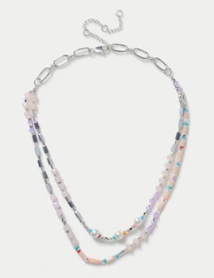 M&S Women's Silver Tone Pink Beaded Multirow Necklace, Silver