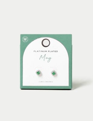 M&S Womens Platinum Plated Cubic Zirconia May Birthstone Stud Earring - Green, Green
