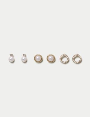 M&S Womens 3 Pack Pearl Stud Earrings - Gold, Gold