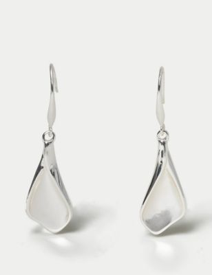 M&S Womens Silver Tone Organic Drop Earrings, Silver