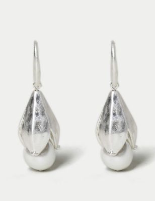 M&S Womens Silver Tone Pearl Flower Drop Earring, Silver