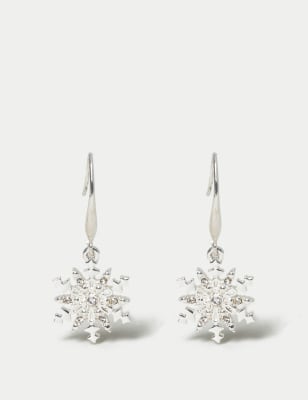 M&S Womens Christmas Snowflake Drop Earrings - Silver, Silver