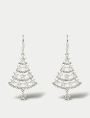 M&S Womens Christmas Star Tree Drop Earrings - Silver, Silver