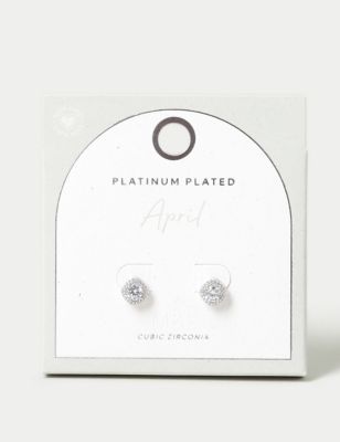 M&S Women's Platinum Plated Cubic Zirconia April Birthstone Stud Earring - Silver, Silver