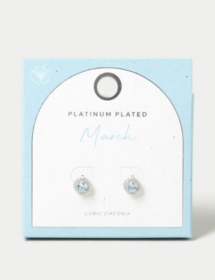M&S Women's Platinum Plated Cubic Zirconia March Birthstone Stud Earring - Blue, Blue