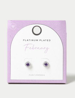 M&S Women's Platinum Plated Cubic Zirconia February Birthstone Stud Earring - Purple, Purple