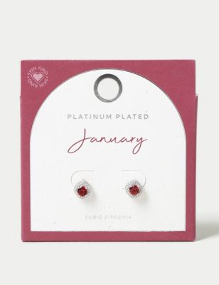 M&S Women's Platinum Plated Cubic Zirconia January Birthstone Stud Earring - Red, Red