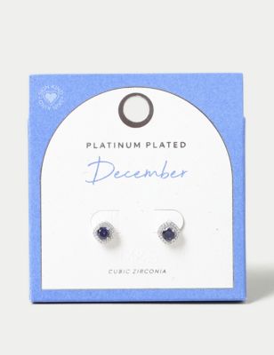 M&S Womens Platinum Plated Cubic Zirconia December Birthstone Stud Earring - Blue, Blue