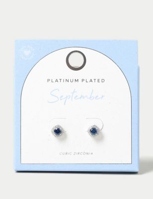 M&S Women's Platinum Plated Cubic Zirconia September Birthstone Stud Earring - Blue, Blue