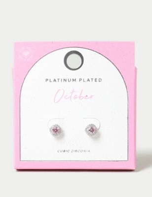 M&S Women's Platinum Plated Cubic Zirconia October Birthstone Stud Earring - Pink, Pink