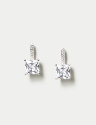 M&S Womens Platinum Plated Cubic Zirconia Square Stud Earrings - Silver, Silver