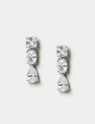 M&S Women's Platinum Plated Cubic Zirconia Tripple Drop Earrings - Silver, Silver