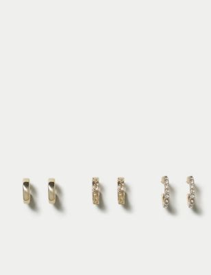M&S Womens 3 Pack Textured Mini Hoop Earrings - Gold, Gold