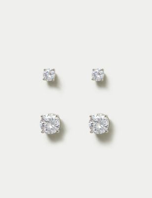 M&S Womens Platinum Plated Studs 2 Pack - Crystal, Crystal