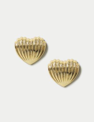 M&S Womens Ridged Heart Stud Earrings - Gold, Gold