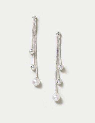 M&S Womens Pearl and Sphere Drop Earrings - Silver, Silver