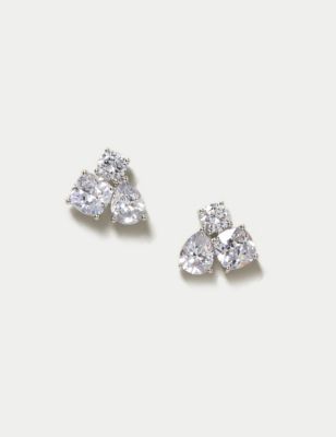 M&S Womens Platinum Plated Cubic Zirconia Stud Earrings - Silver, Silver
