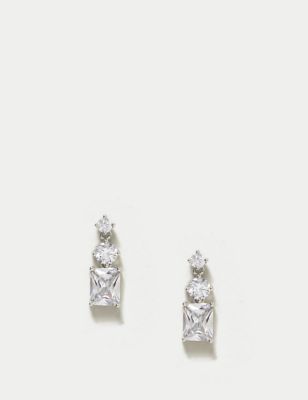 M&S Women's Platinum Trilogy Cubic Zirconia Stud Earring - Silver, Silver