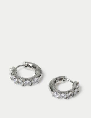 M&S Women's Platinum Plated Stone Set Hoop Earrings - Silver, Silver