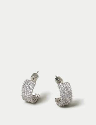 M&S Womens Platinum Plated Cubic Zirconia Wide Hoop Earrings - Silver, Silver