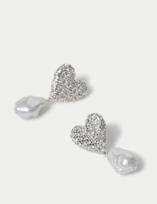 M&S Womens Pearl Diamante Heart Drop Earrings - Silver, Silver